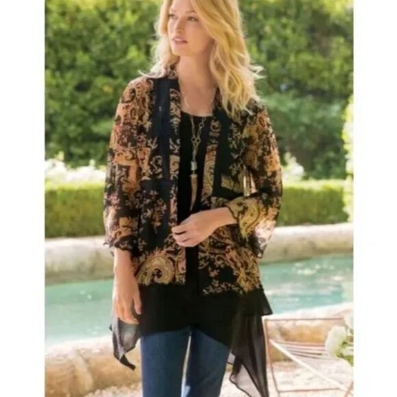 Soft Surroundings Isabella Paisley Sheer Chiffon Kimono Open Front Cardigan S-L - Picture 1 of 10